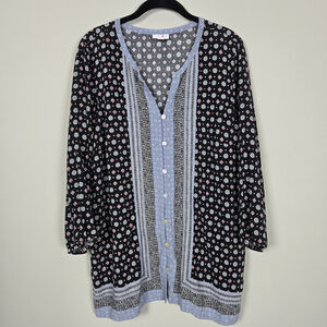 J Jill Womens Floral Button Front Tunic Top L Tall Blue 3/4 Sleeve Artsy Peasant